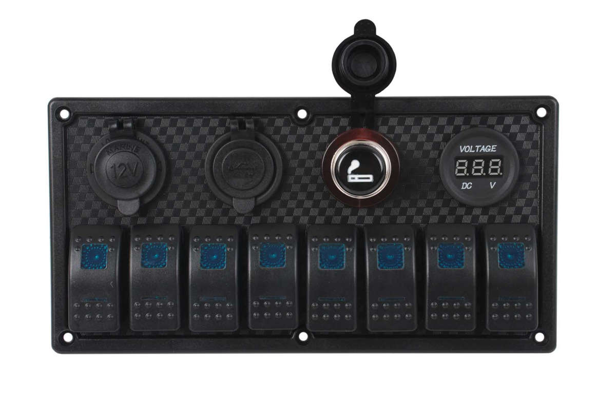 Switch Panel - 8 Gang - Cigarette Lighter Socket + USB + Volt Meter
