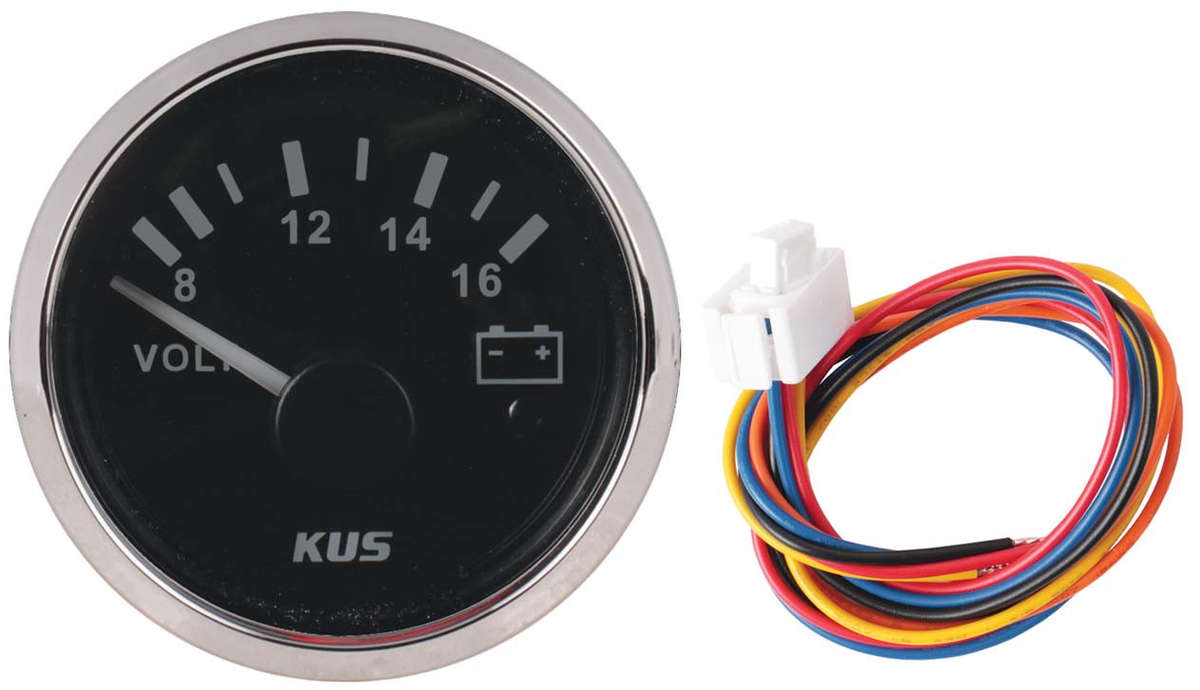 Kus Volt Gauge - 12V - 52mm - Black Face with Silver Bezel