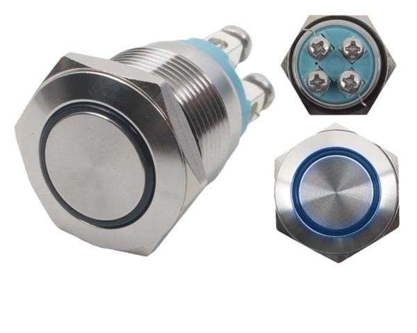 Push On / Off Momentary Switch - Waterproof - Blue - Metal IP66