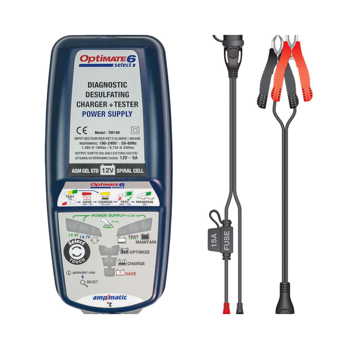 OptiMate 6 Select TM-190 (9-Step Automatic 12V 5A Battery Charger (3 - 240 Ah), Battery Saving Charg