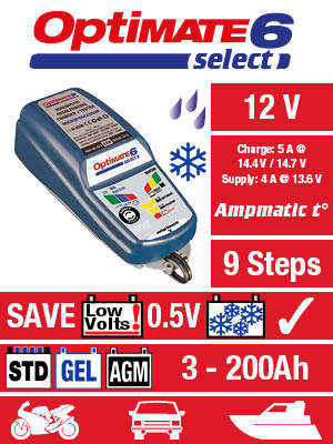 OptiMate 6 Select TM-190 (9-Step Automatic 12V 5A Battery Charger (3 - 240 Ah), Battery Saving Charg