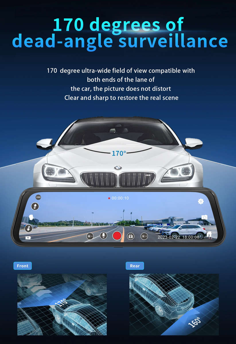 Dual Rearview Mirror Dash Camera | 10-inch HD 1080p | DVR