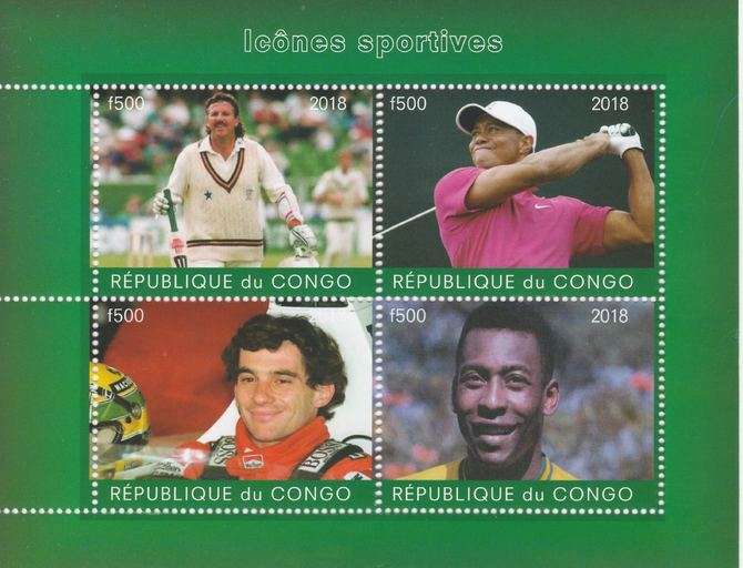 Congo 2018 Icons of Sport #1 (Botham,Tiger Woods, Senna & Pele) perf sheetlet containing 4 values un