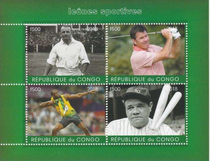 Congo 2018 Icons of Sport #2 (Bradman, Faldo, U Bolt & Babe Ruth) perf sheetlet containing 4 values