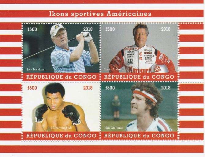 Congo 2018 Icons of American Sport #1 (Nicklaus,Andretti, M Ali & McEnroe) perf sheetlet containing