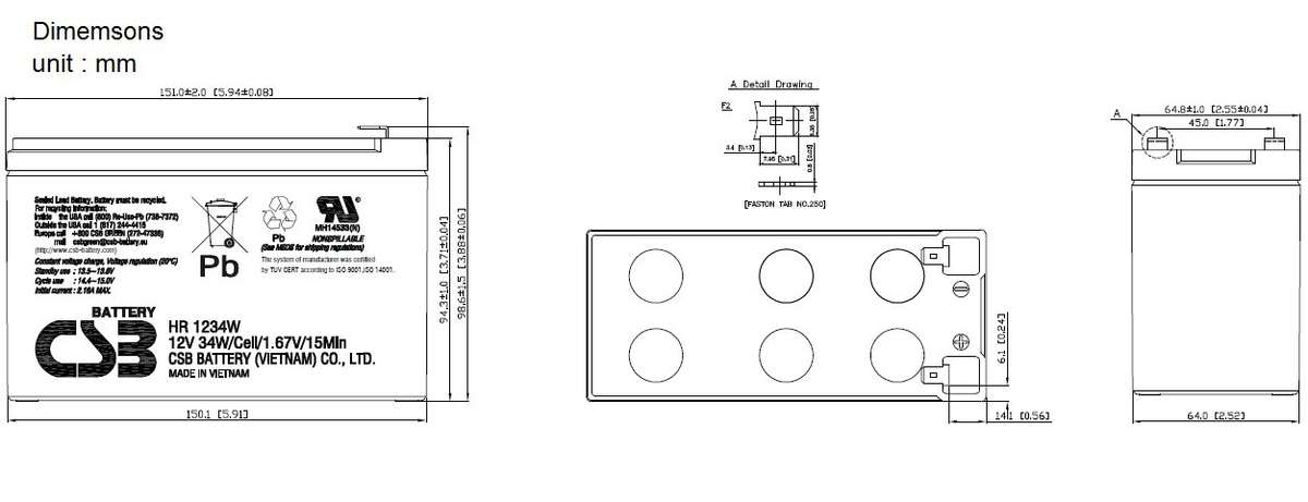 CSB 9 A-H 12 Volt Sealed AGM Battery  - CSB Battery 2.80kg