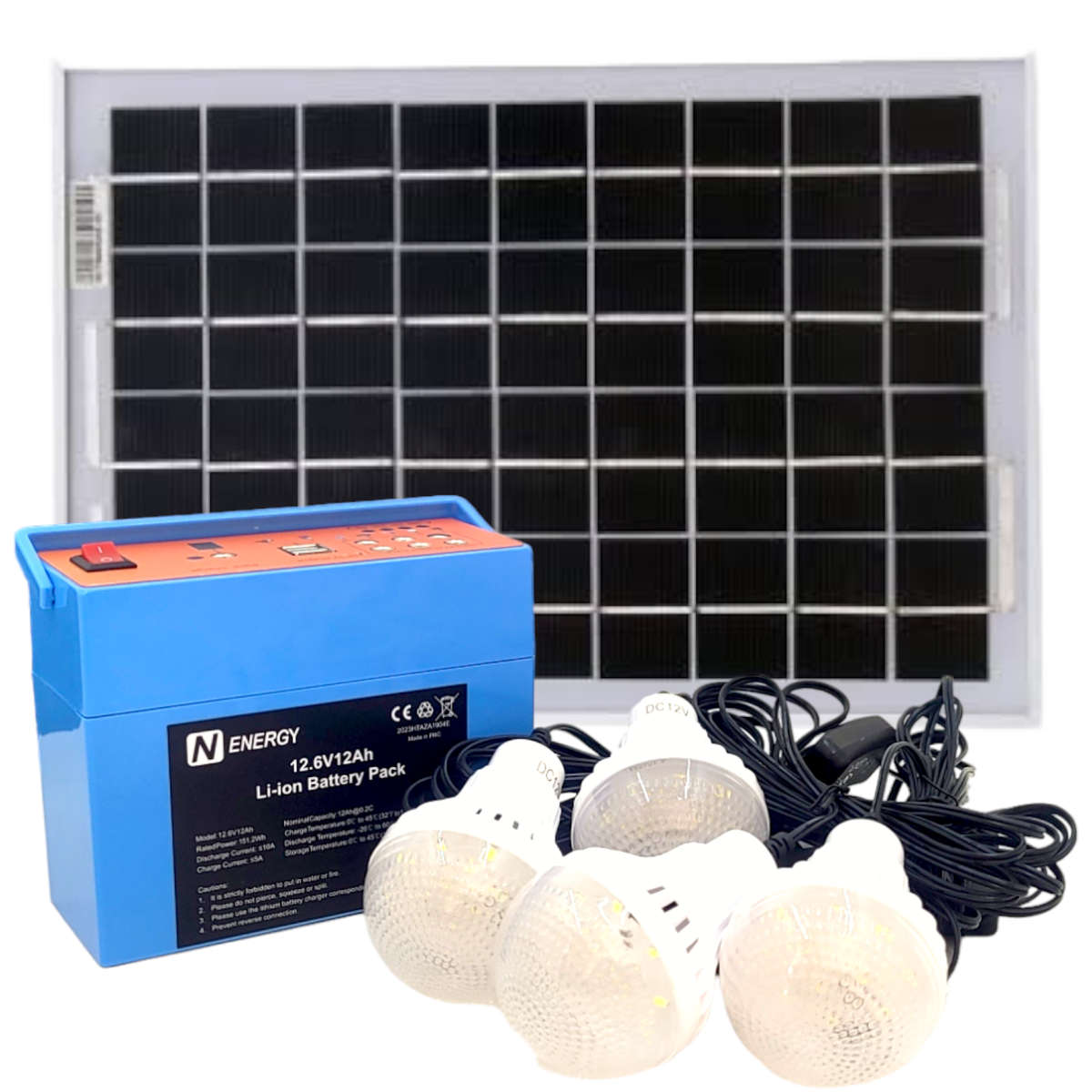 LK077 - SK  Lithium Light Kit. 12V 12Ah Battery. 4xLED Lights. USB x2. + 10 Watt Solar Panel Charger