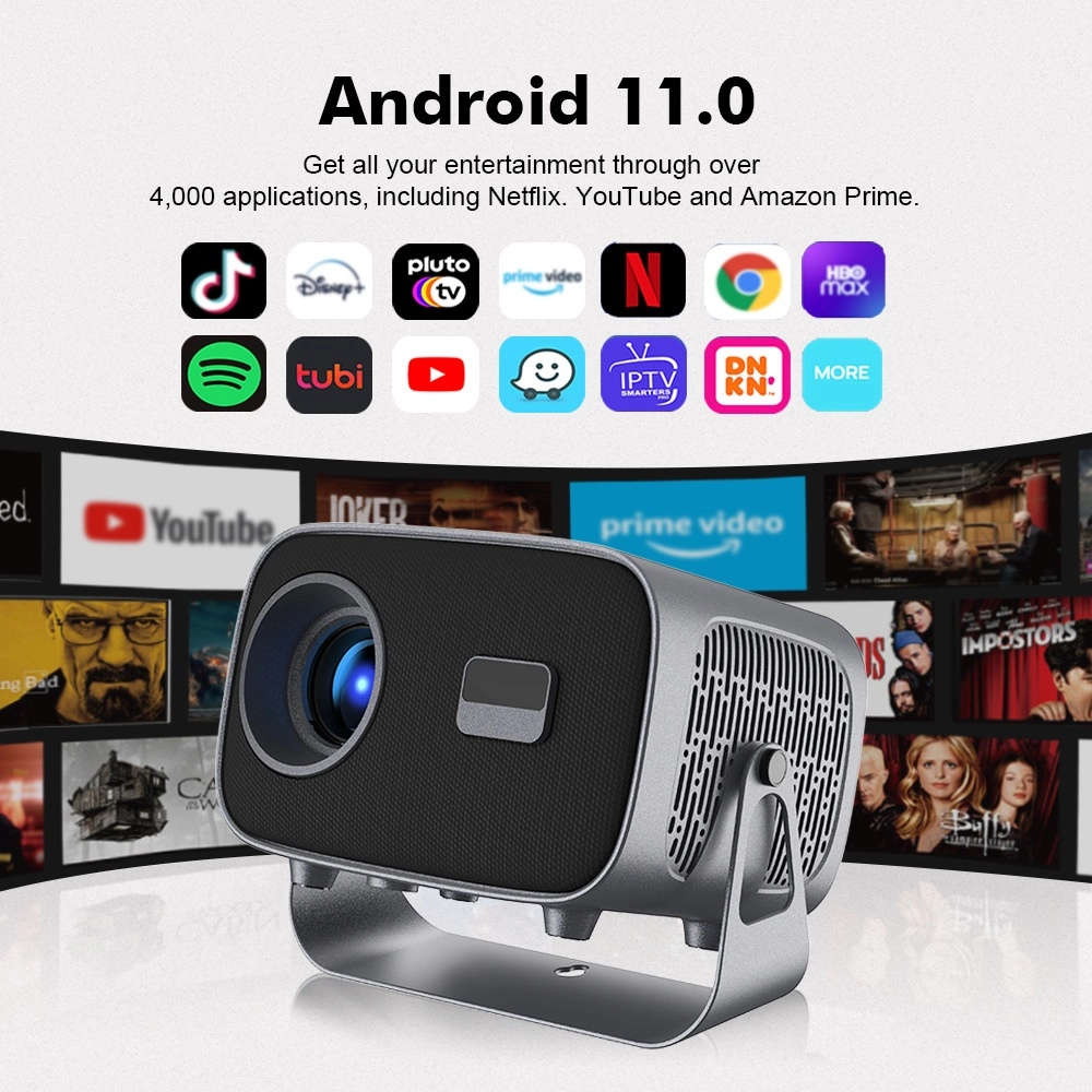 Portable 4K Smart Projector with Android 11, WiFi BT-5 & Bluetooth with auto electronic focus
