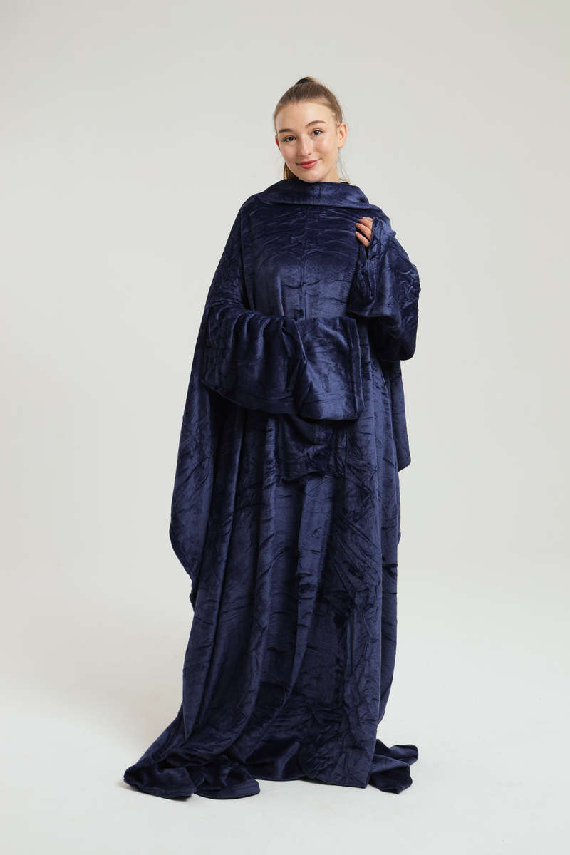 Wearable Fleece Throw Blanket with Sleeves and Foot Pockets