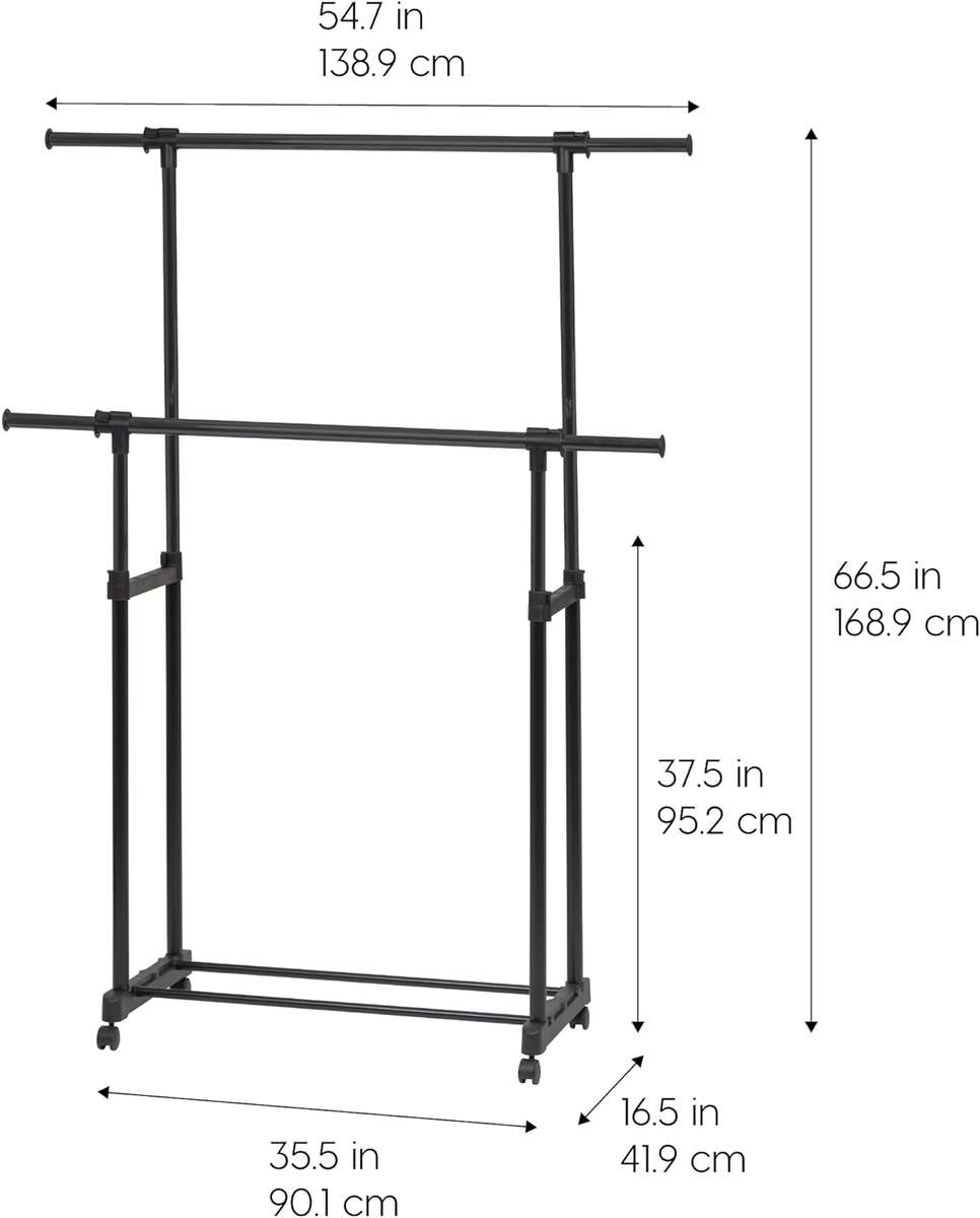 Portable Double-Rod Height Adjustable Clothes Rack with Extendable Bar