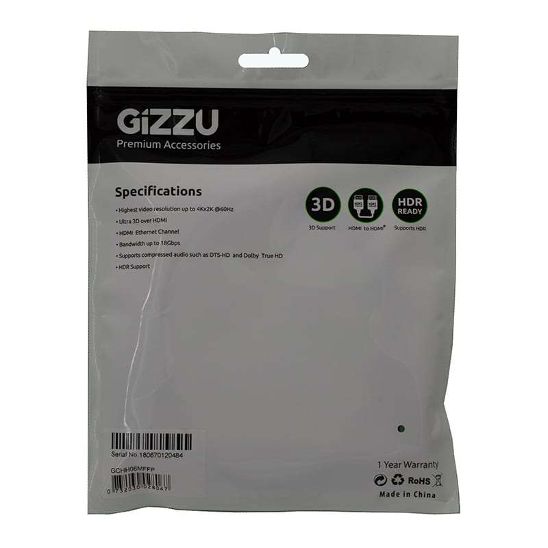 GIZZU High Speed V2.0 HDMI 0.6m Cable with Ethernet Polybag