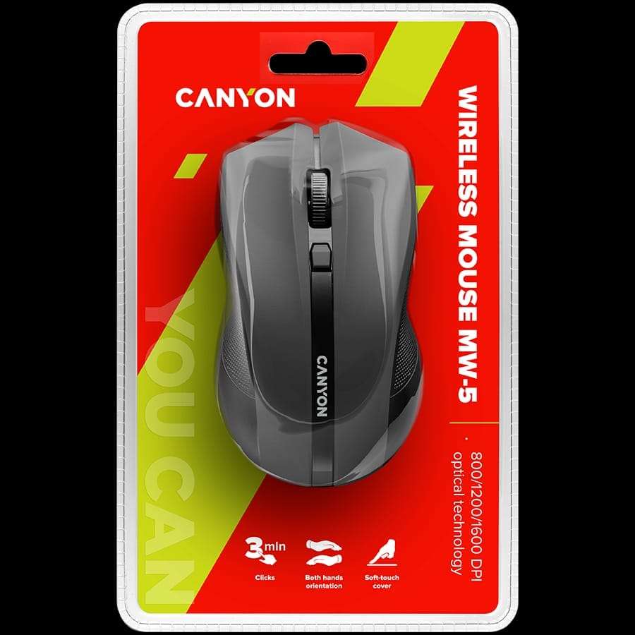 CANYON MW-5, 2.4GHz wireless Optical Mouse with 4 buttons, DPI 800/1200/1600, Black, 122*69*40mm,...