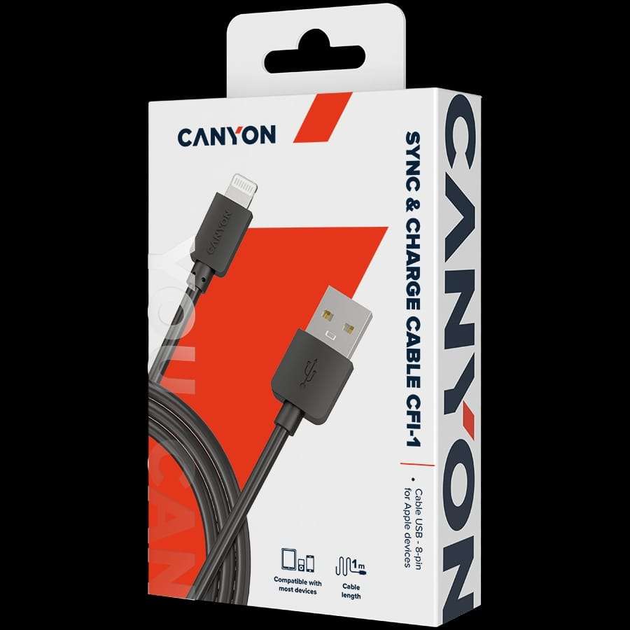 CANYON CFI-1, Lightning USB Cable for Apple, round, cable length 1m, Black, 15.9*7*1000mm, 0.018kg