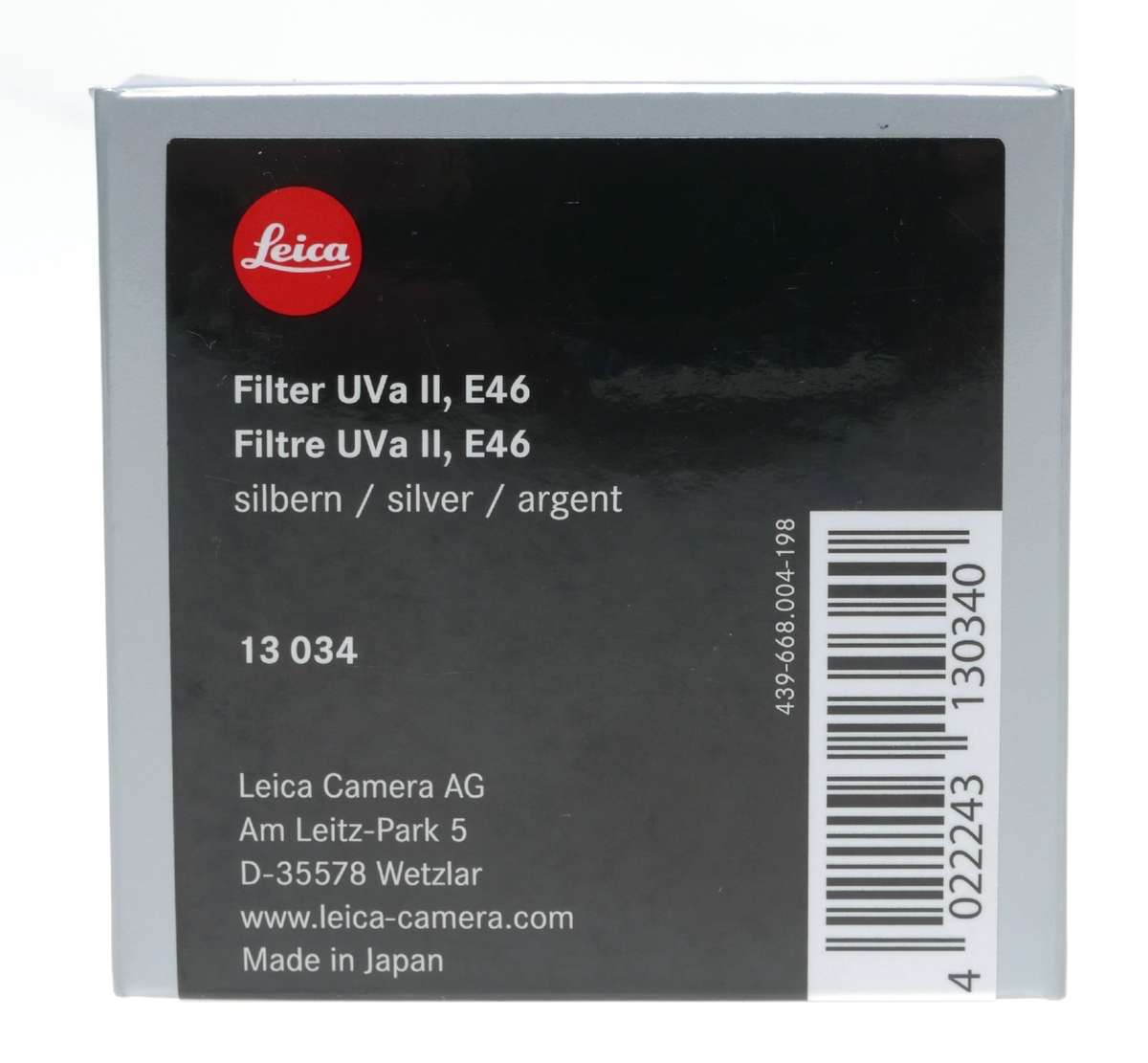 13034 Leica Uva II E46 camera lens Filter E 46 Silver Boxed Mint condition