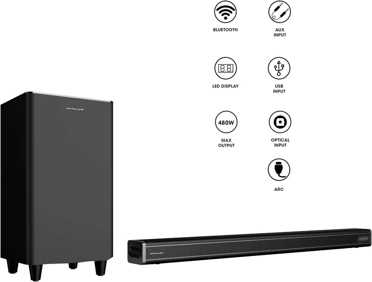 Ultra-Link Revolution 480 Watt, 2.1 Channel, Wireless Soundbar with Subwoofer