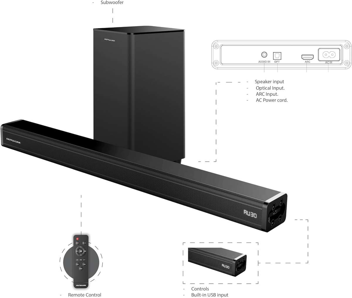 Ultra-Link Revolution 480 Watt, 2.1 Channel, Wireless Soundbar with Subwoofer