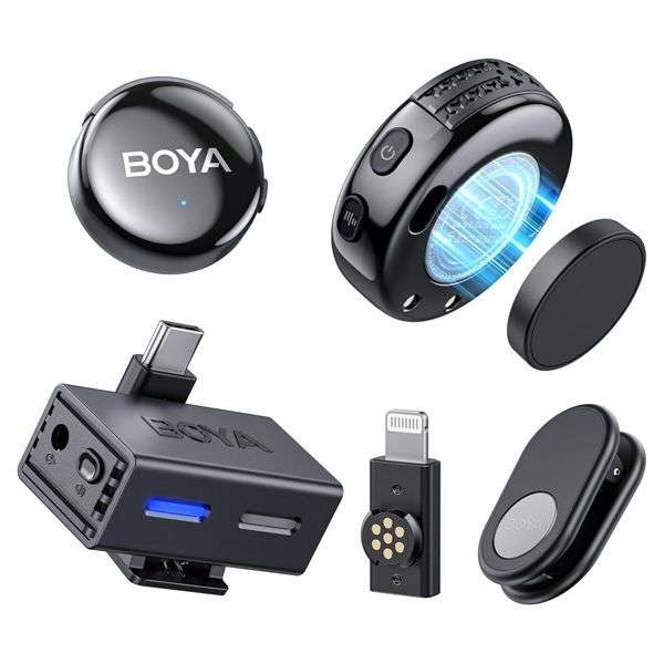 Boya BOYALINK 3-03 Button-Sized 2.4Ghz Wireless Microphone System for USB-C, Lightning & 3.5mm De...