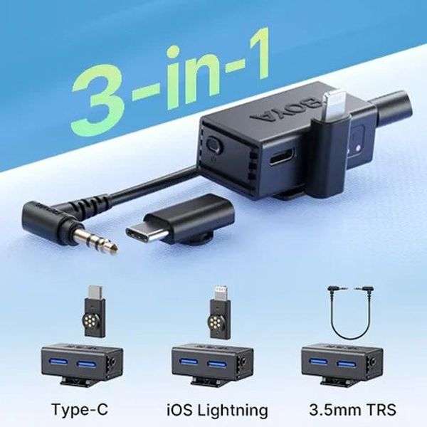 Boya BOYALINK 3-03 Button-Sized 2.4Ghz Wireless Microphone System for USB-C, Lightning & 3.5mm De...