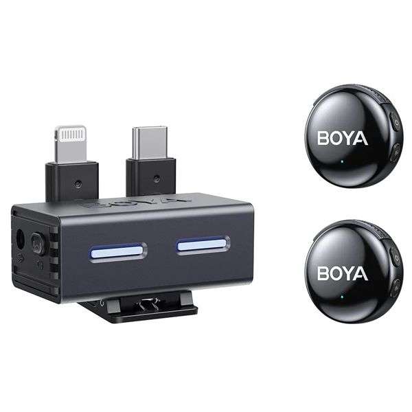 Boya BOYALINK 3-03 Button-Sized 2.4Ghz Wireless Microphone System for USB-C, Lightning & 3.5mm De...