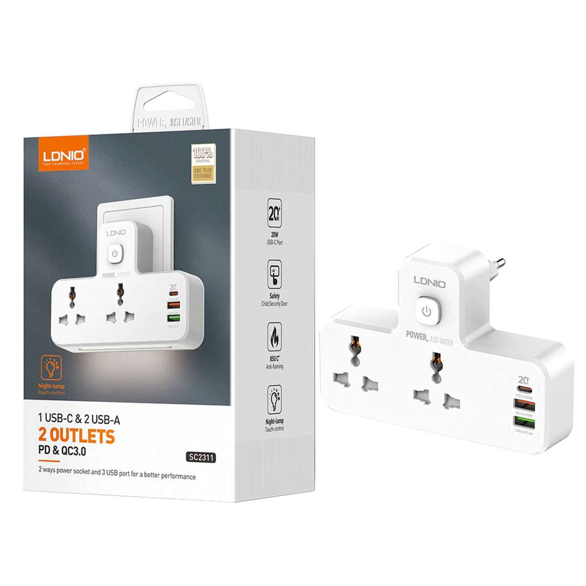 LDNIO 2 AC Outlets Portable Extension Power Socket SC2311