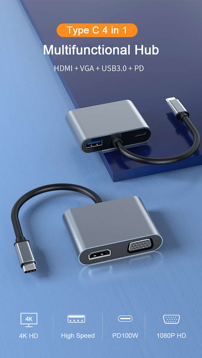 4-in 1 Hub Type C to PD/4k HDMI/VGA/USB for MacBook/Type C PC