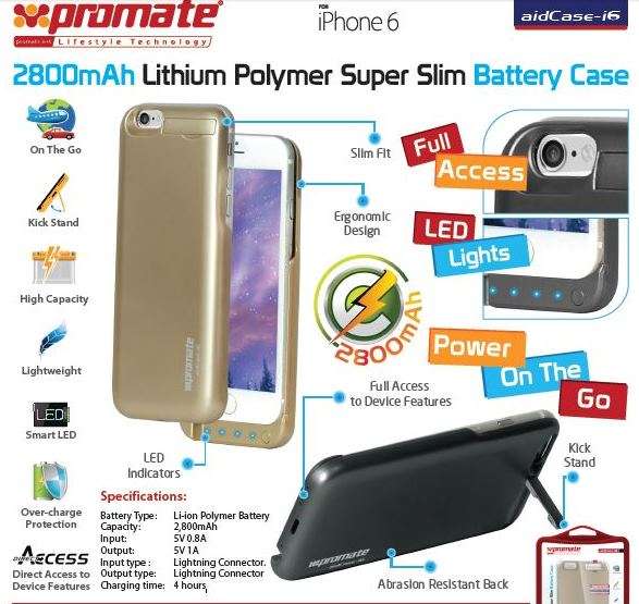 Promate aidCase-i6 2800mAh Lithium Polymer Super Slim Battery Case - Black