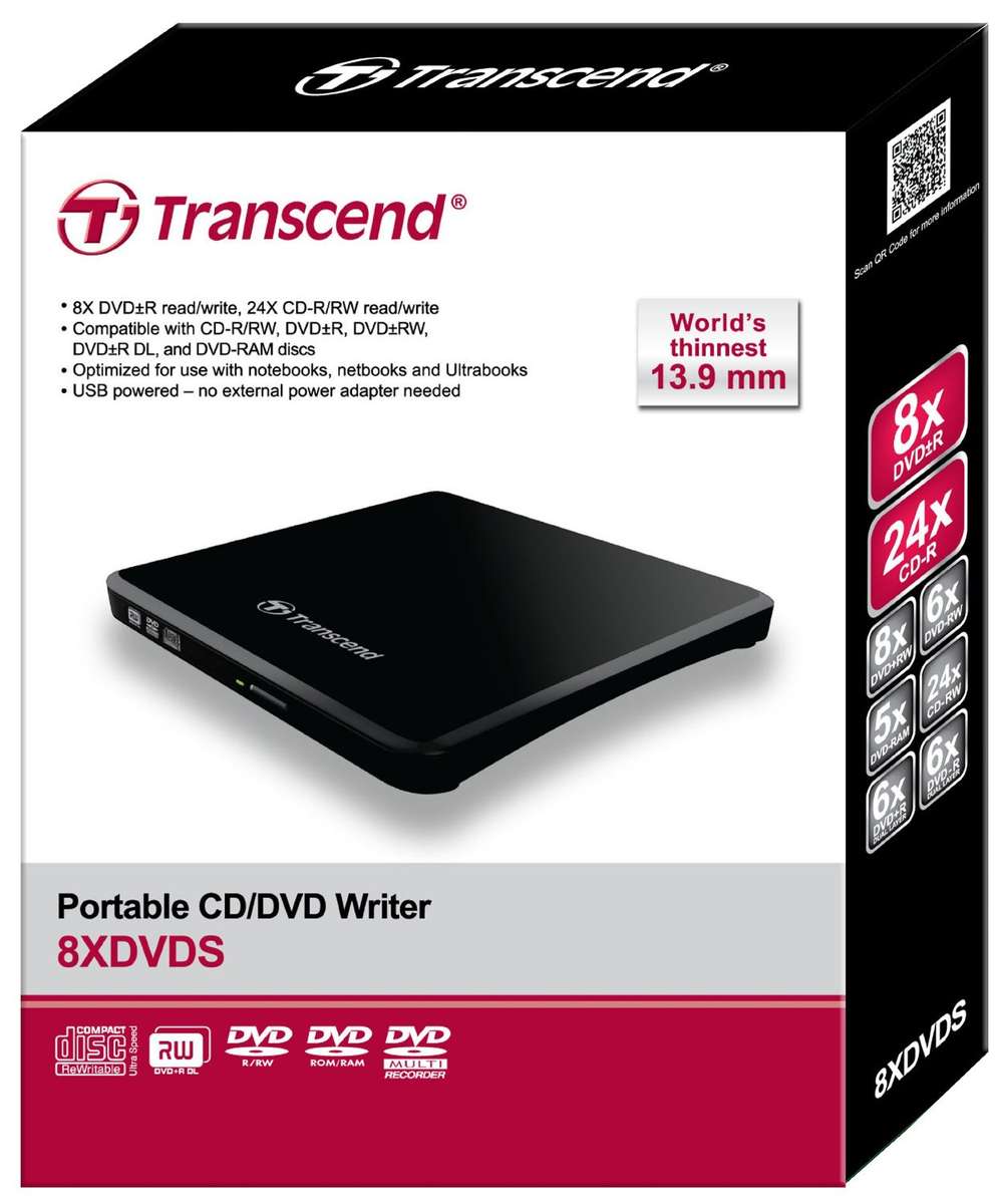 Transcend Extra Slim Portable DVD Writer, USB Powered - Black