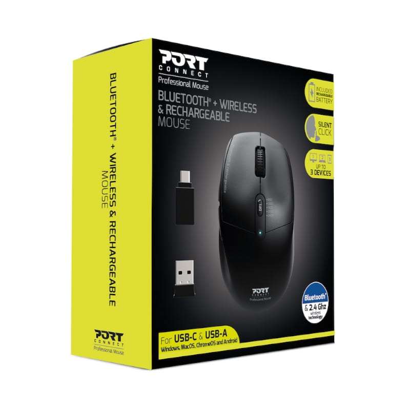 Port Wireless Rechargeable 1600DPI 5 Button Bluetooth Mouse - Black