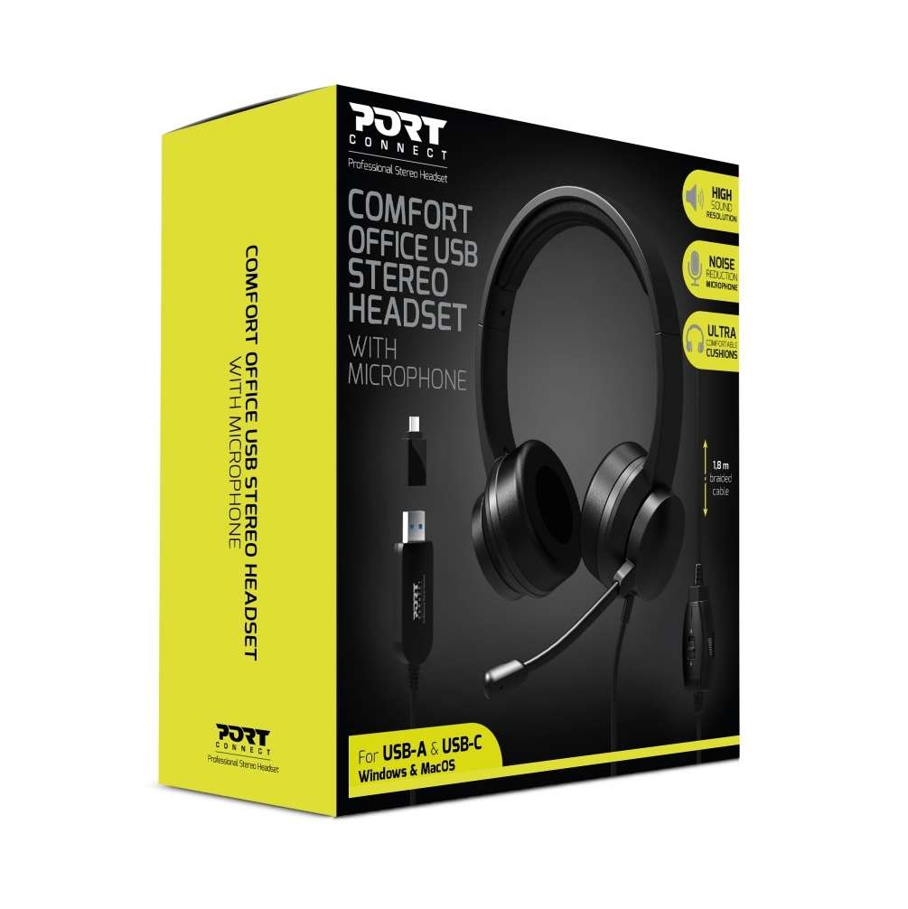 Port headset with Microphone - USB Type-A and USB Type-C - Black