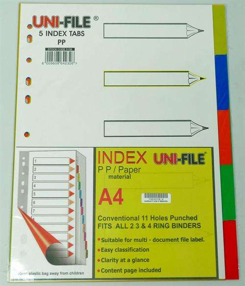 Uni-File A4 File Divider Plastic Tab 1- 5 , Retail Packaging, No Warranty