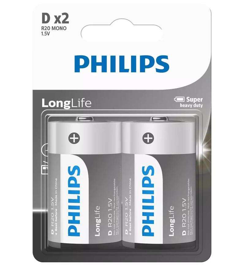 Philips LongLife Battery D 2 Pack - R20L2B/40