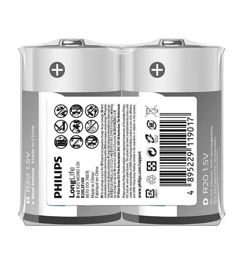 Philips LongLife Battery D 2 Pack - R20L2F/40