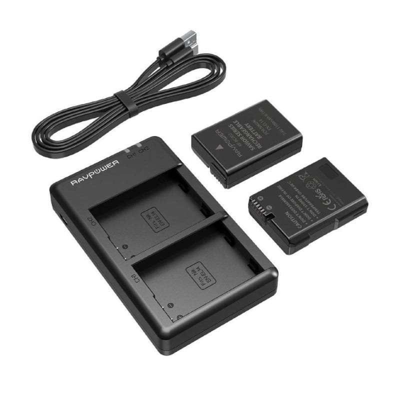 RAVPOWER 2x 1000mAh Replacement Batteries for Nikon EN-EL14(A) with Charger Set Black