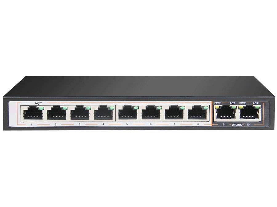 10 Port Fast Ethernet Switch with 8 AI PoE Ports and 2 FE Uplink