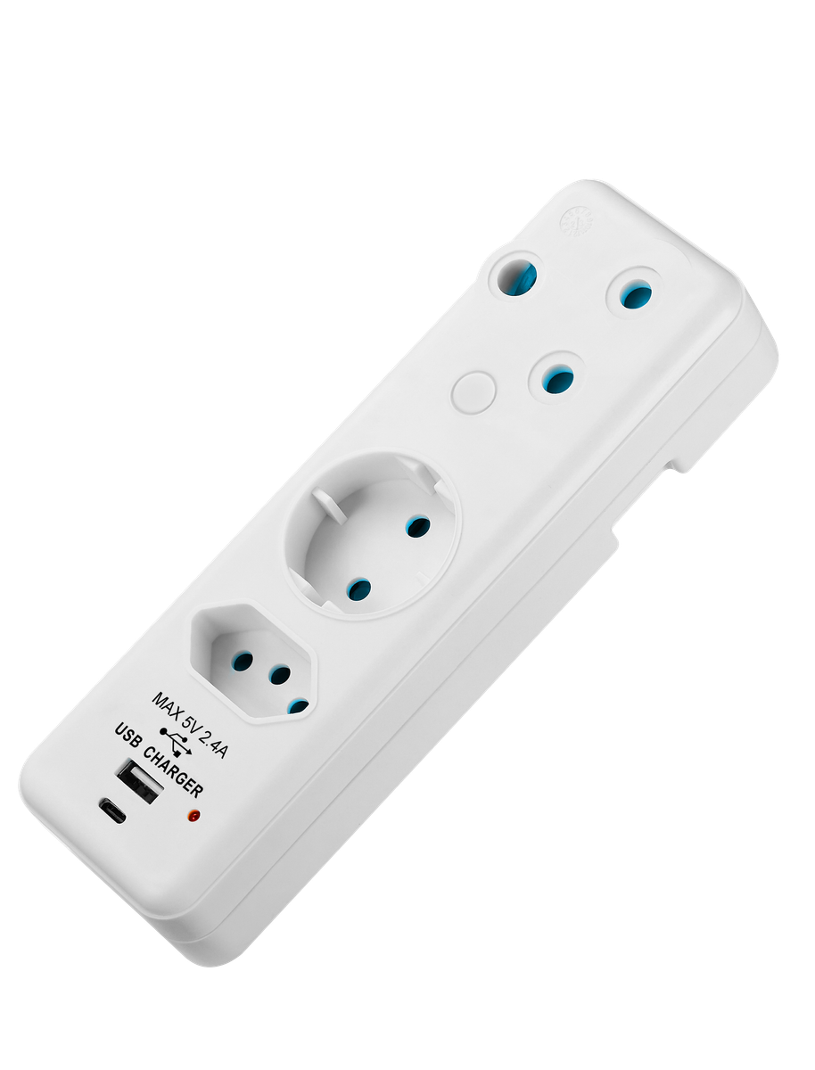 SWITCHED 3 PIN Adaptor-1x16A1X10A1x5A Euro+5V 2.4AType C+Type A