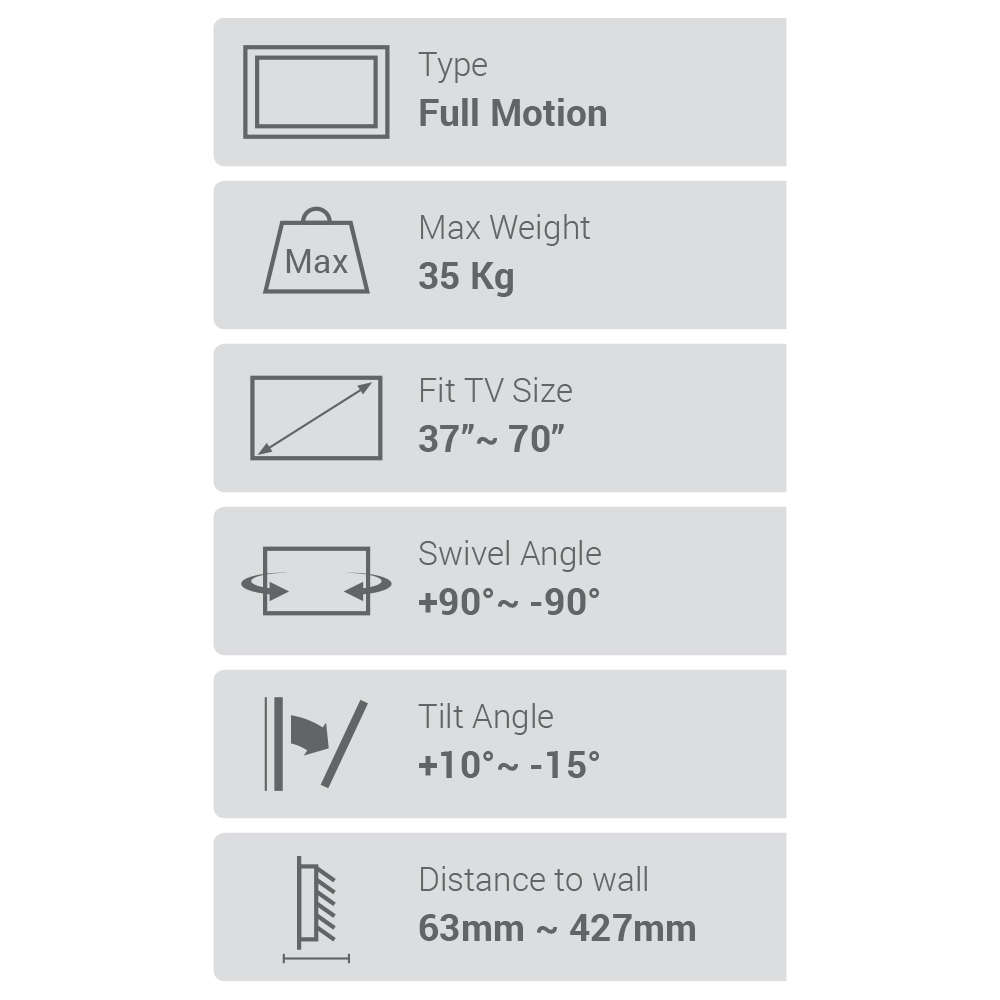 Space TV Full Motion Wall Mount TV Bracket for 37-70" Televisions