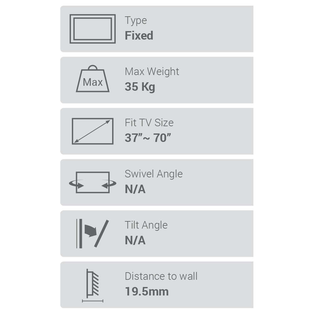 Flat Screen Wall Mount - Ultra Slim Fixed 37"-70" 35kg (TVARMECPL04)