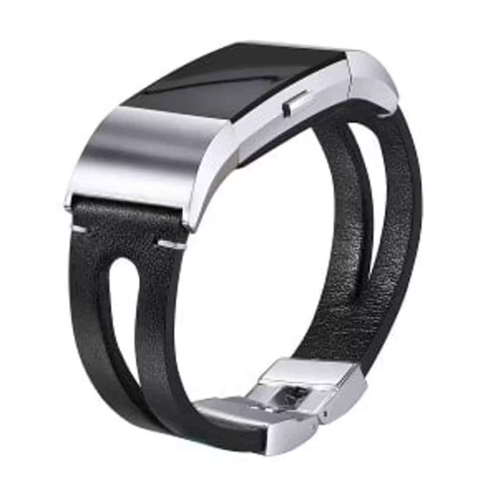 Leather Strap with Metal Clasp for Fitbit Charge 2- Black