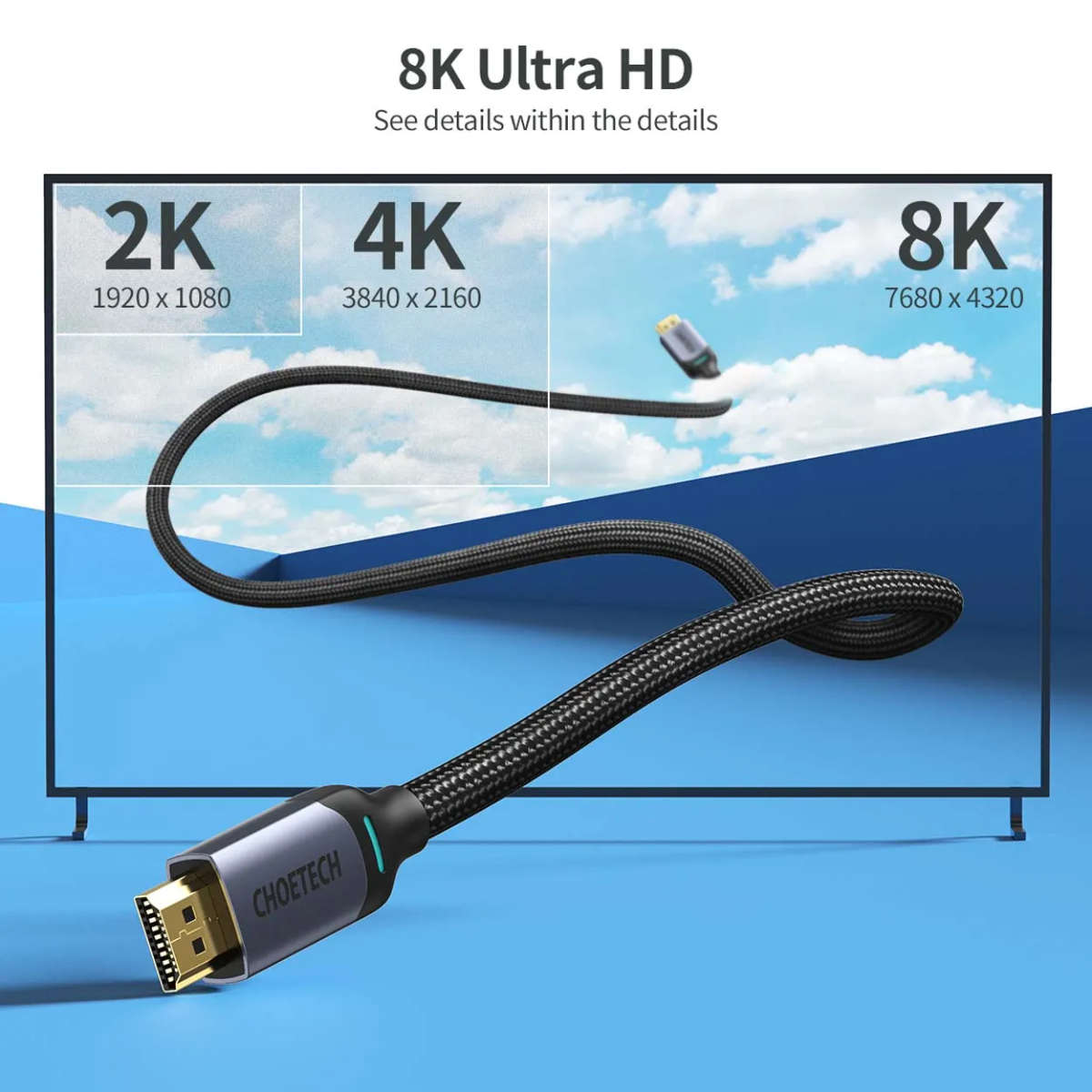 Choetech 8K HDMI 2.1 Cable 8K@60Hz 48Gbps (2M) Braided Cable - Black