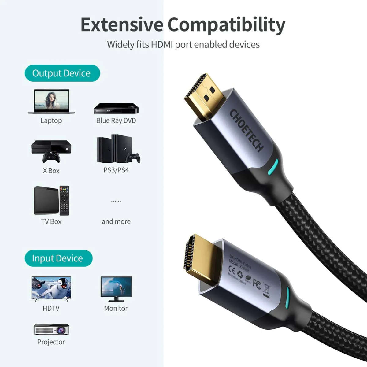 Choetech 8K HDMI 2.1 Cable 8K@60Hz 48Gbps (2M) Braided Cable - Black