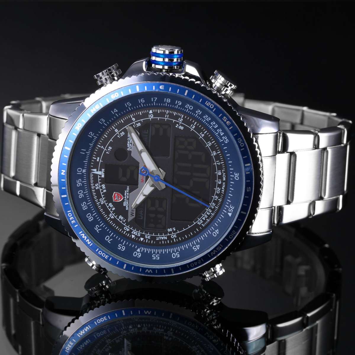 SHARK Winghead Pilot Dual Movement Alarm Stainless Steel Case Sport Watch BRAND NEW