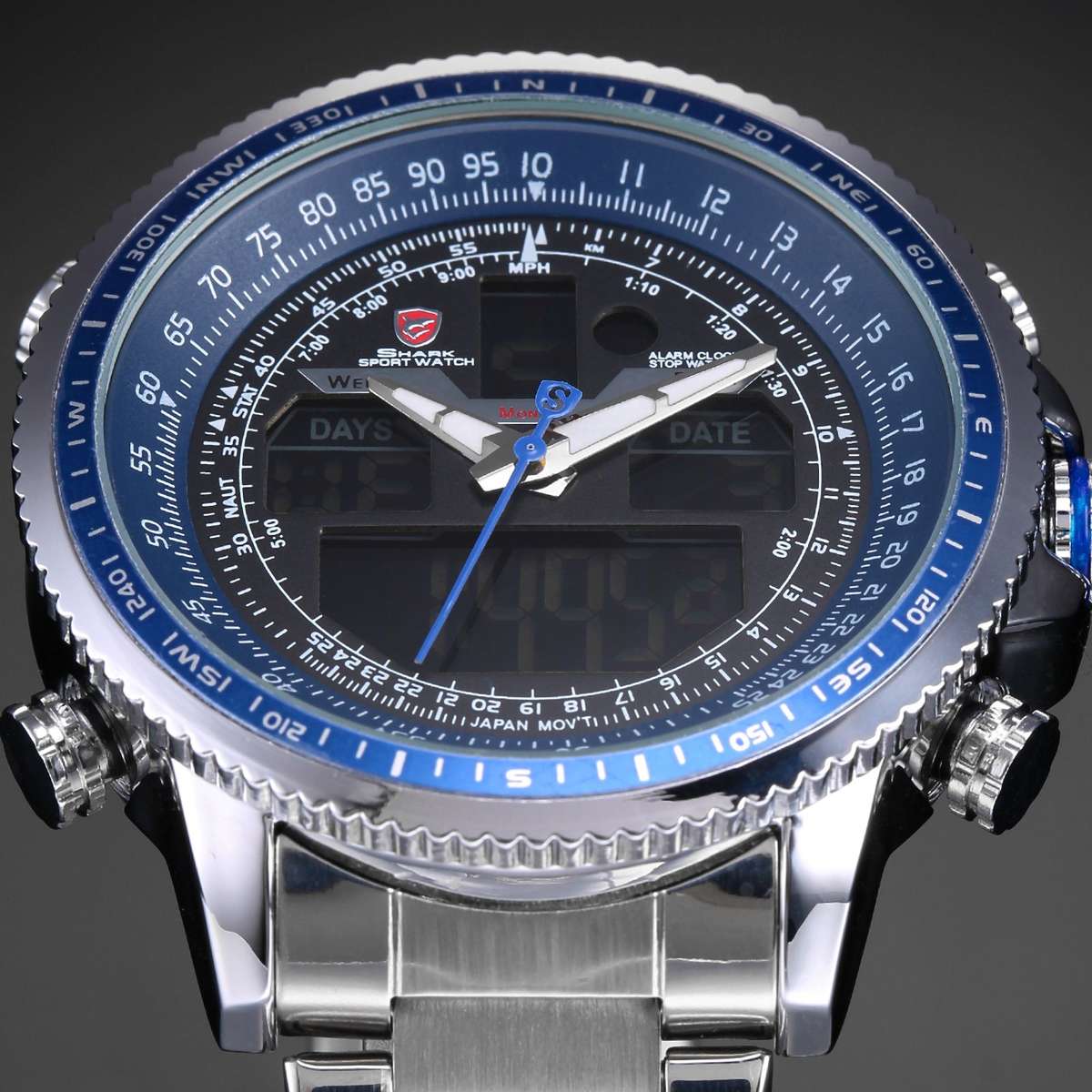 SHARK Winghead Pilot Dual Movement Alarm Stainless Steel Case Sport Watch BRAND NEW