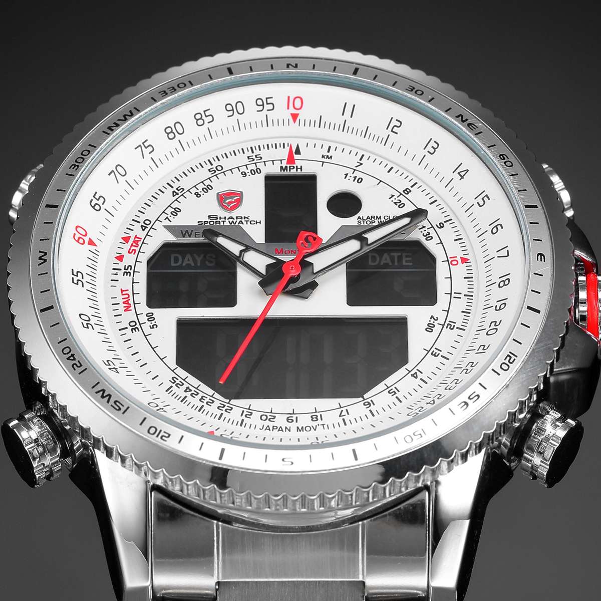 SHARK Winghead Pilot Dual Movement Alarm Stainless Steel Case Sport Watch BRAND NEW