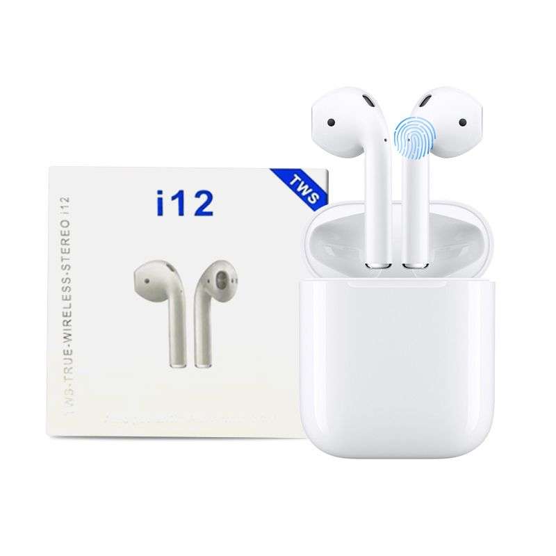 i12 Earbuds Sports Wireless Bluetooth 5.0 Stereo Earphones with Charging Dock - White