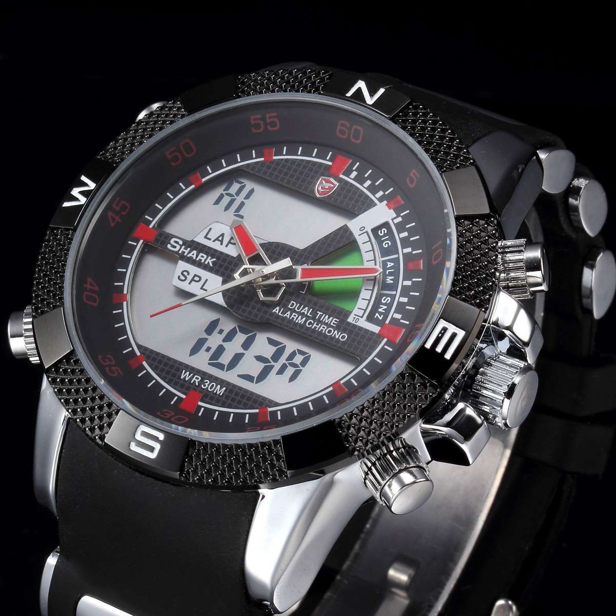 SHARK DUAL LED CHRONOGRAPH PORBEAGLE WATCH W/ BOX, PAPERS, LOADED!!