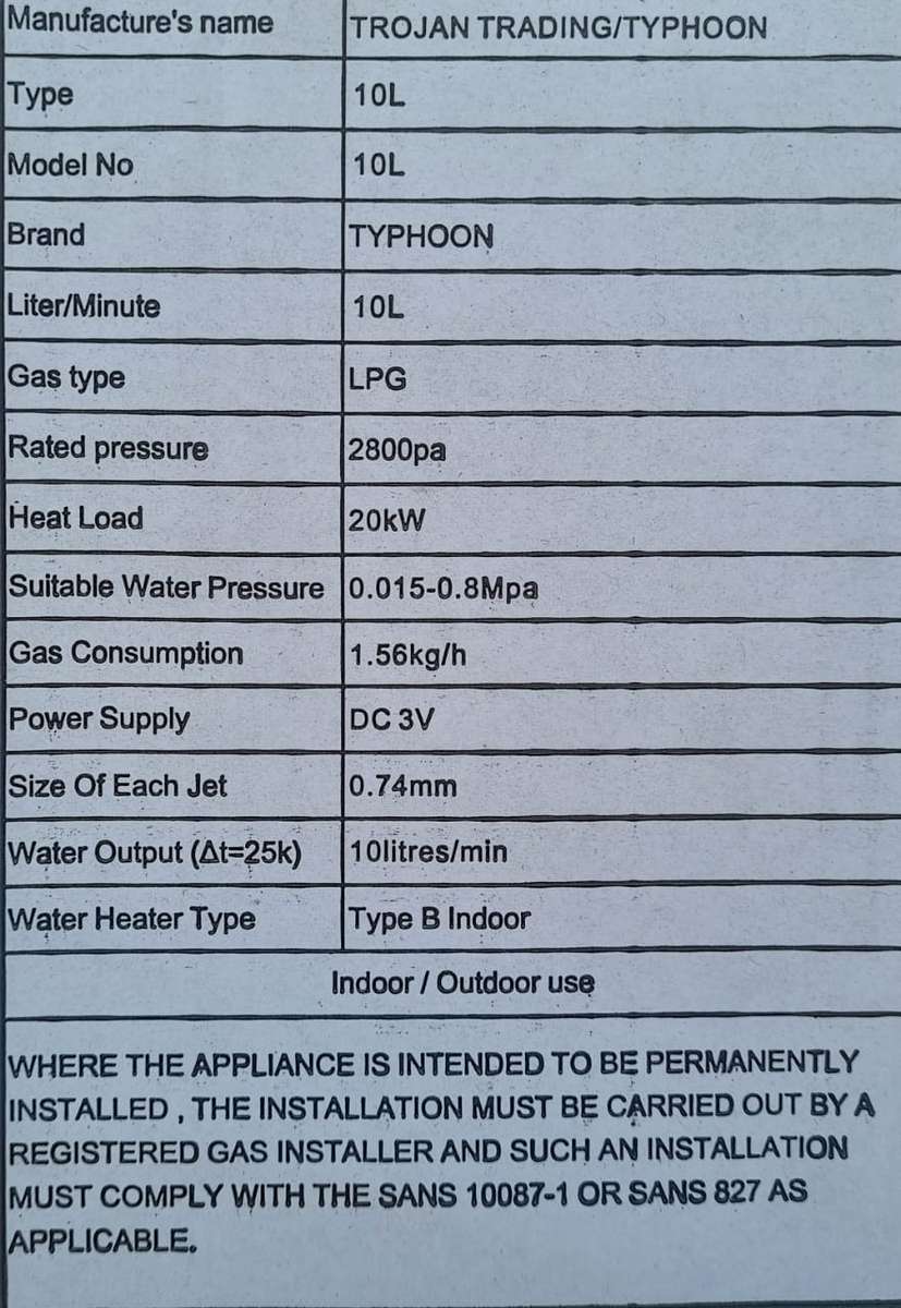 Typhoon 10L Multi Water Pressure Gas Geyser