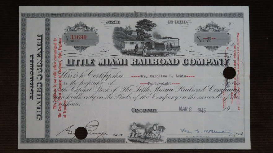 Little Miami Railroad Company, Stock Certificate, 1945, 48 Shares