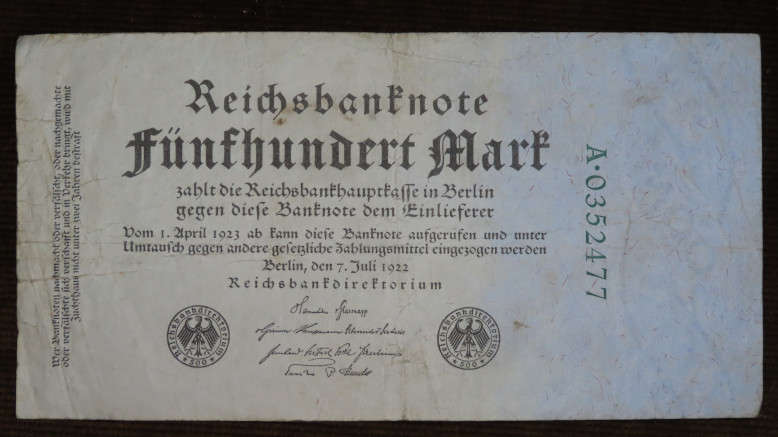 Germany - 500 Mark, 1922, p-74b Green Serial Number