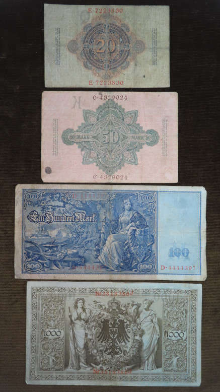 Germany - Set of 1910, 4 Notes, p-40 - 44 , 20 + 50 + 100 + 1000 Mark