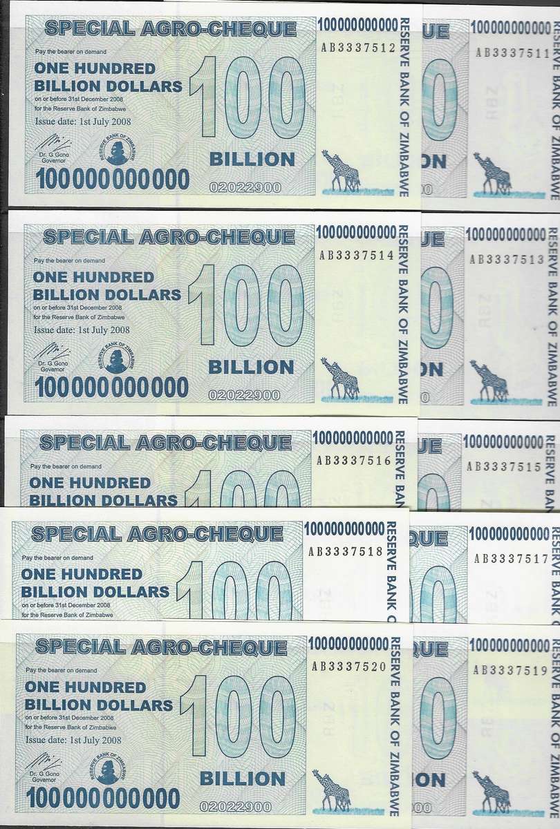 (Item 00921) Zimbabwe 10 x 100 Billion Dollar Banknotes 2008